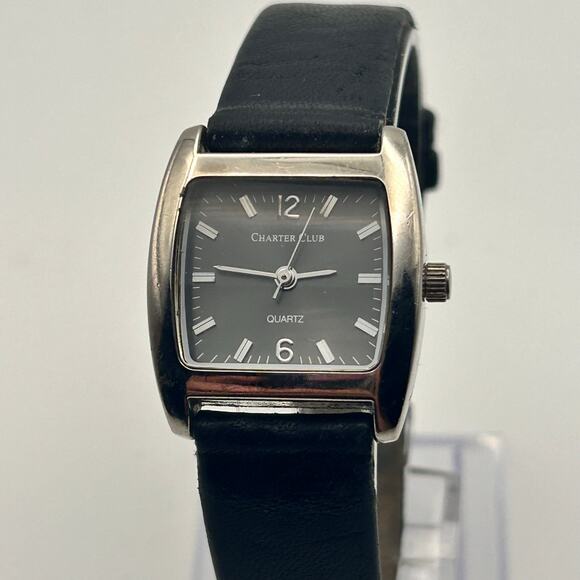 Charter Club Silver Tone Black Leather Women’s Watch Working New Battery - Picture 1 of 8
